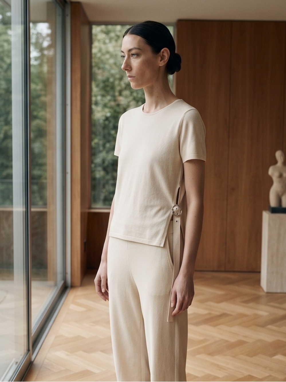 Minimalist Cream Short-Sleeve Knit Top Sz S